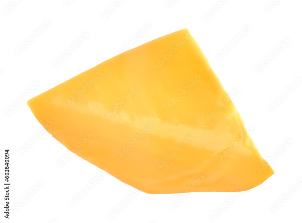 Slice of tasty processed cheese isolated on white background