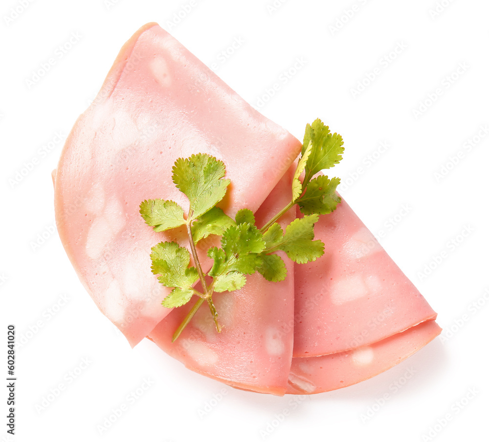 Slices of tasty boiled sausage with parsley on white background