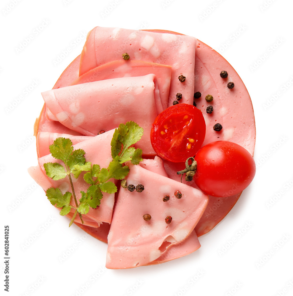 Slices of tasty boiled sausage with tomatoes and peppercorn on white background