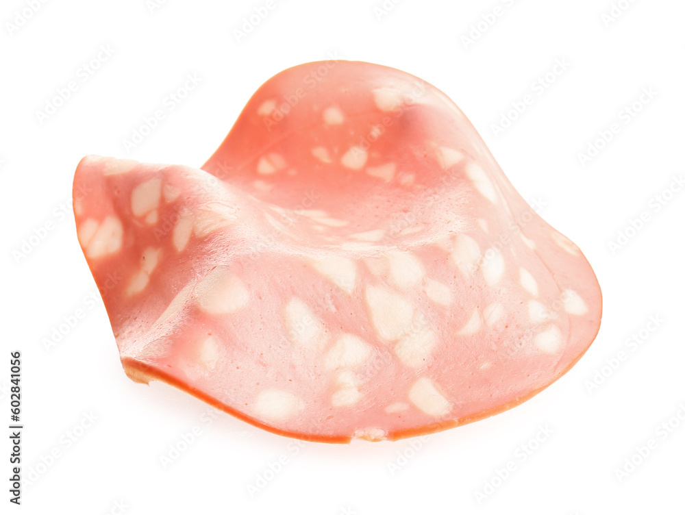 Slice of tasty boiled sausage on white background