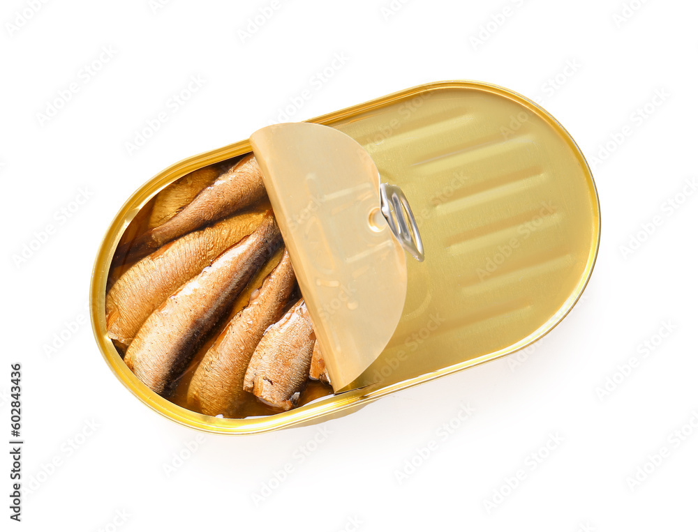 Canned smoked sprats on white background