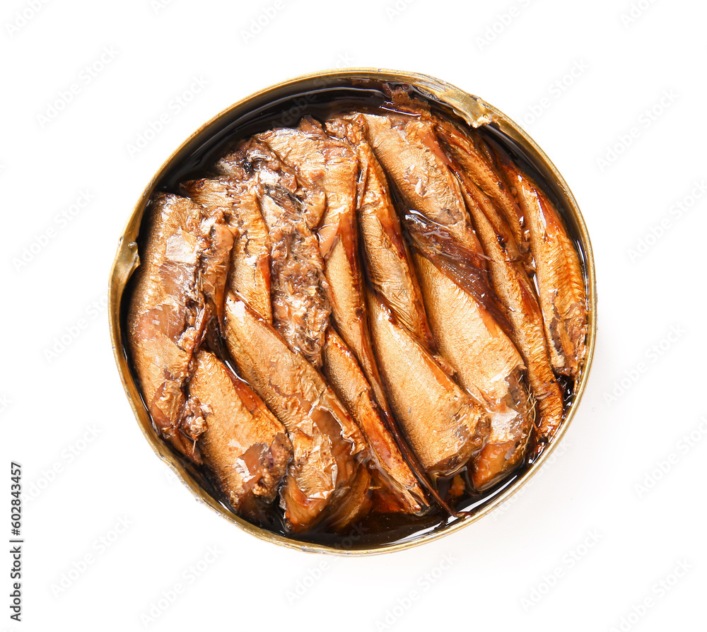 Canned smoked sprats on white background