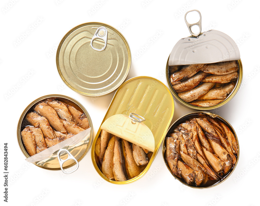 Canned smoked sprats on white background