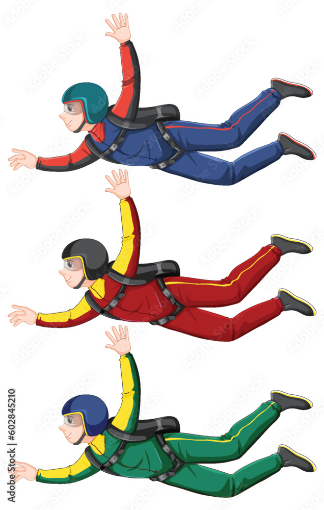 Set of skydiver cartoon freefall