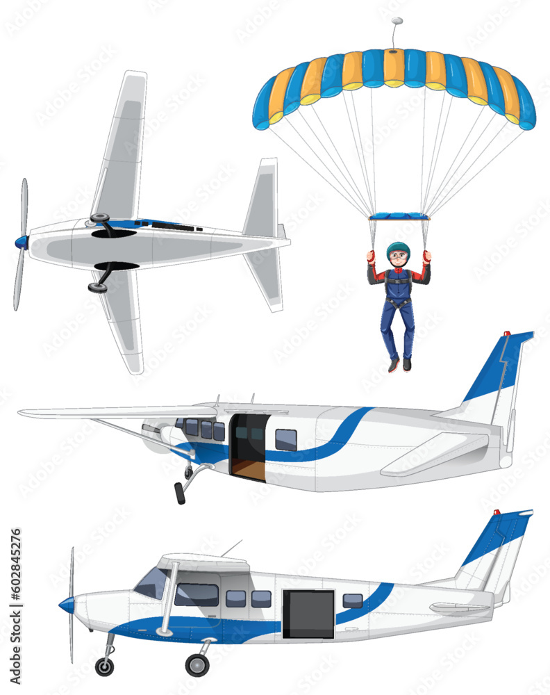 Set of skydiver and airplane