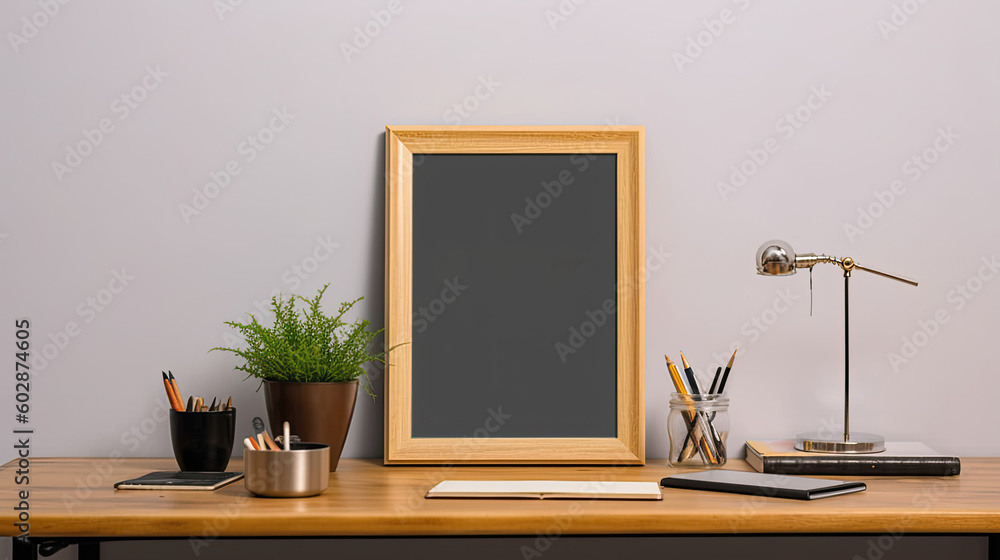 Creative workplace, Empty picture frame, Coffee cup and supplies on table,AI generated.