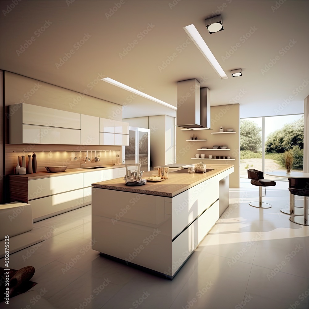 Modern scandinavian kitchen with big windows, Modern luxury interior Design kitchen room,AI generate