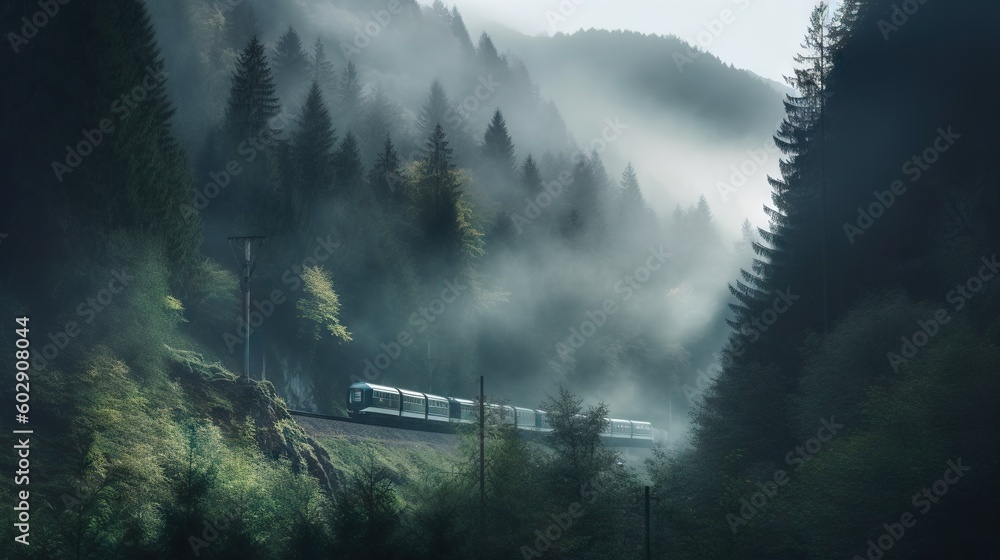 Speed passenger train moving in the mist mountains covered with forest. Generative AI