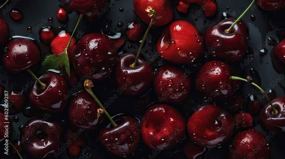 Fresh ripe cherries with water drops background. Berries backdrop. Generative AI