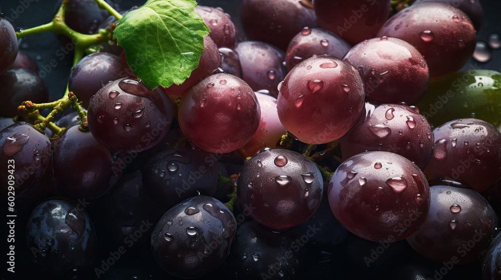 Fresh ripe grapes with water drops background. Berries backdrop. Generative AI