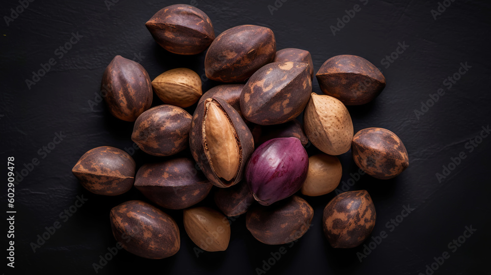 Dried Kola Nuts on dark background. Food backdrop. Generative AI