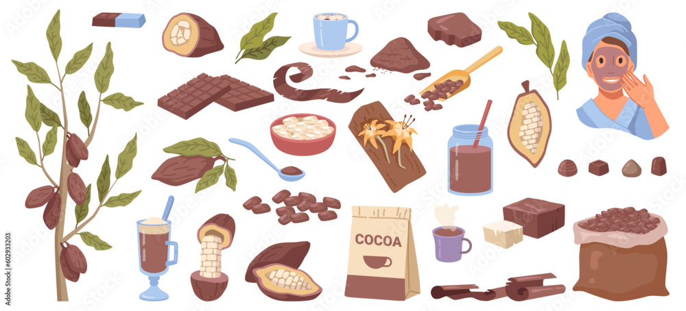 Chocolate cartoon set with cocoa beans and powder, hot chocolate drinks, candies and sweets, bars of