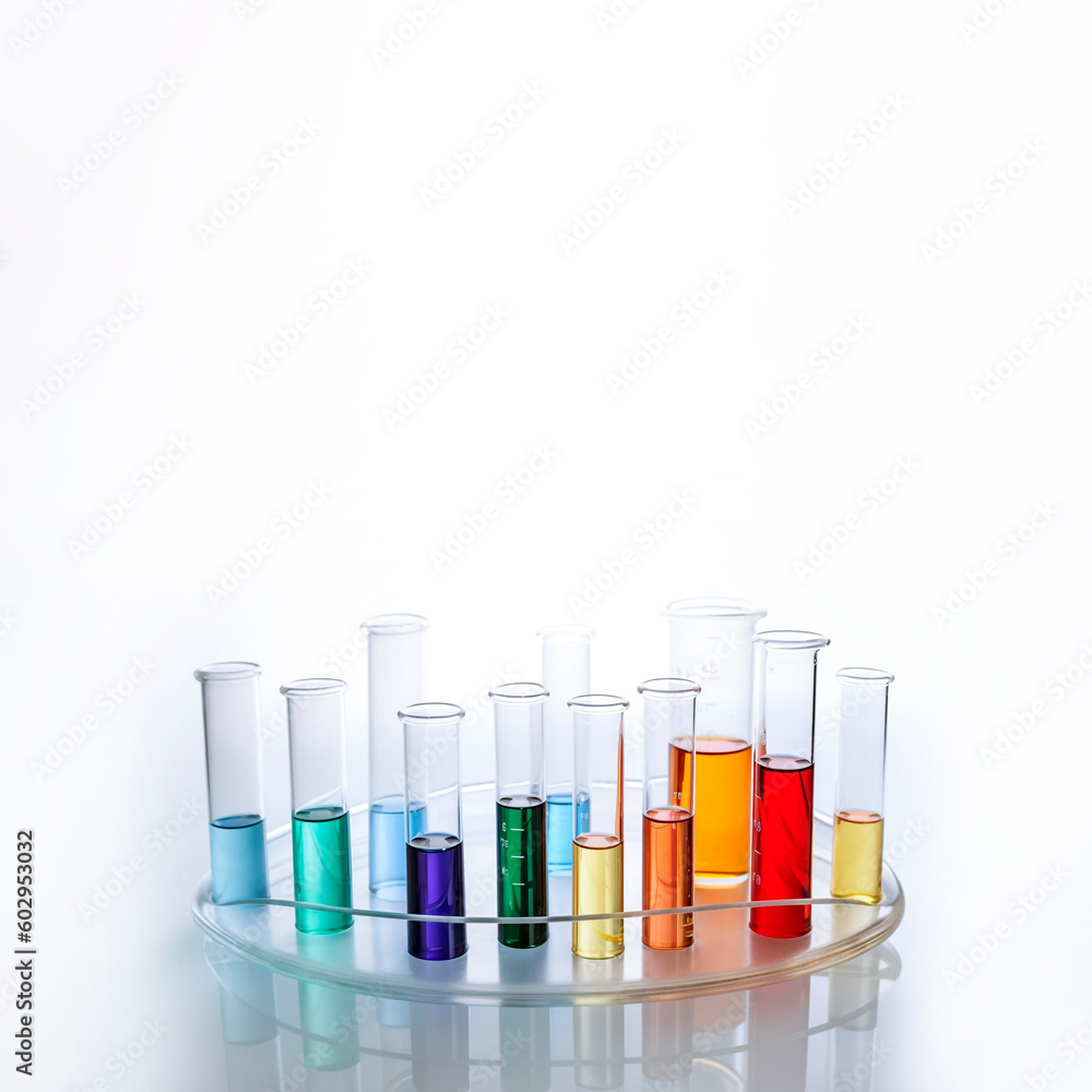 A colorful test tubes on a laboratory bench on white background with copy space. Generative AI.