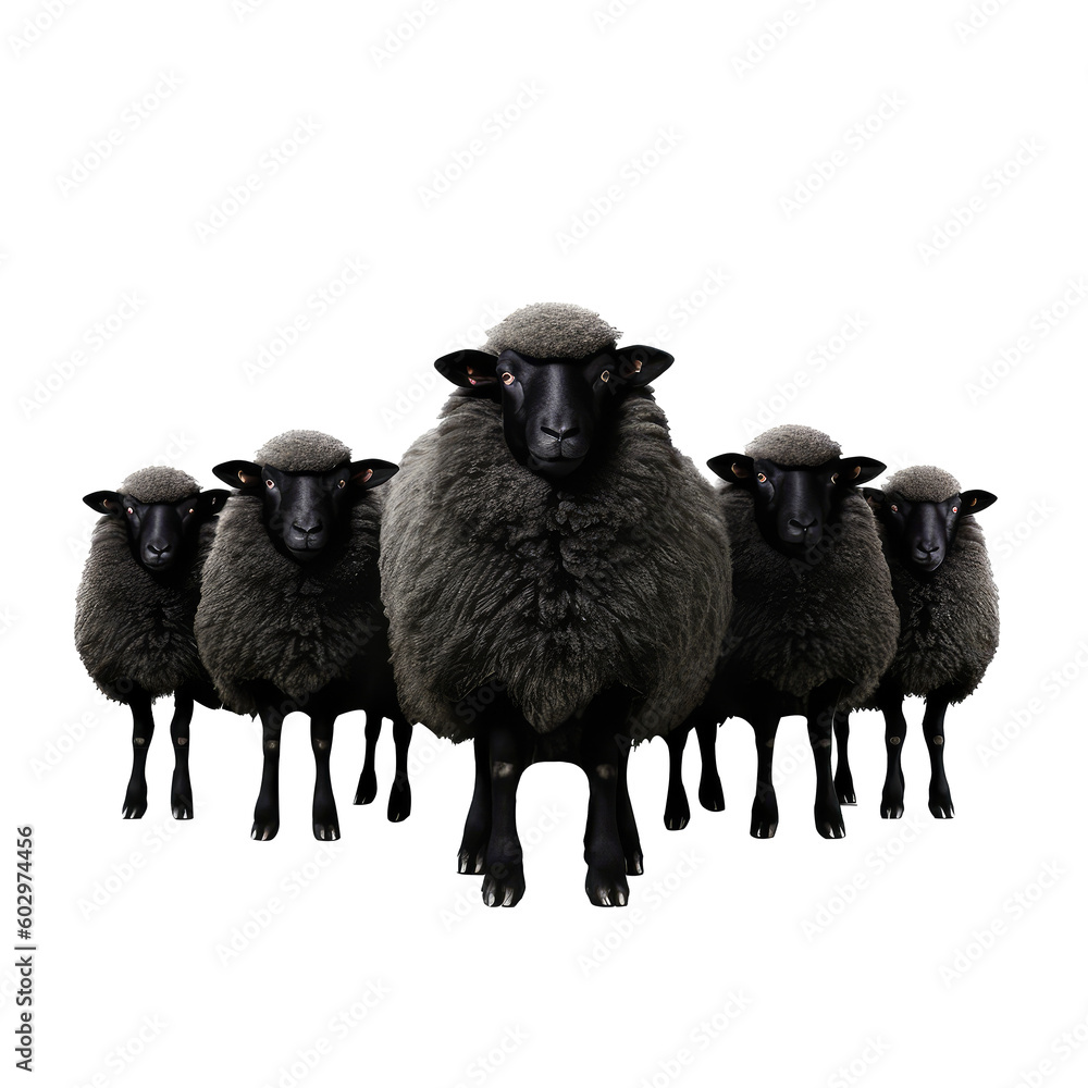 line up black sheep on a transparant background, PNG, Generative Ai