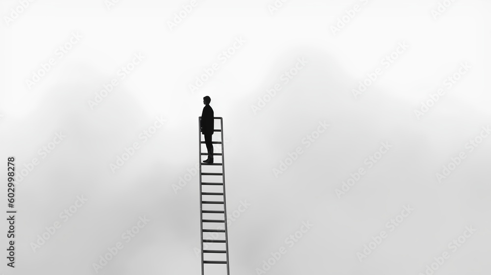 Black and white minimalist style image, achieving success concept, featuring a person standing at th