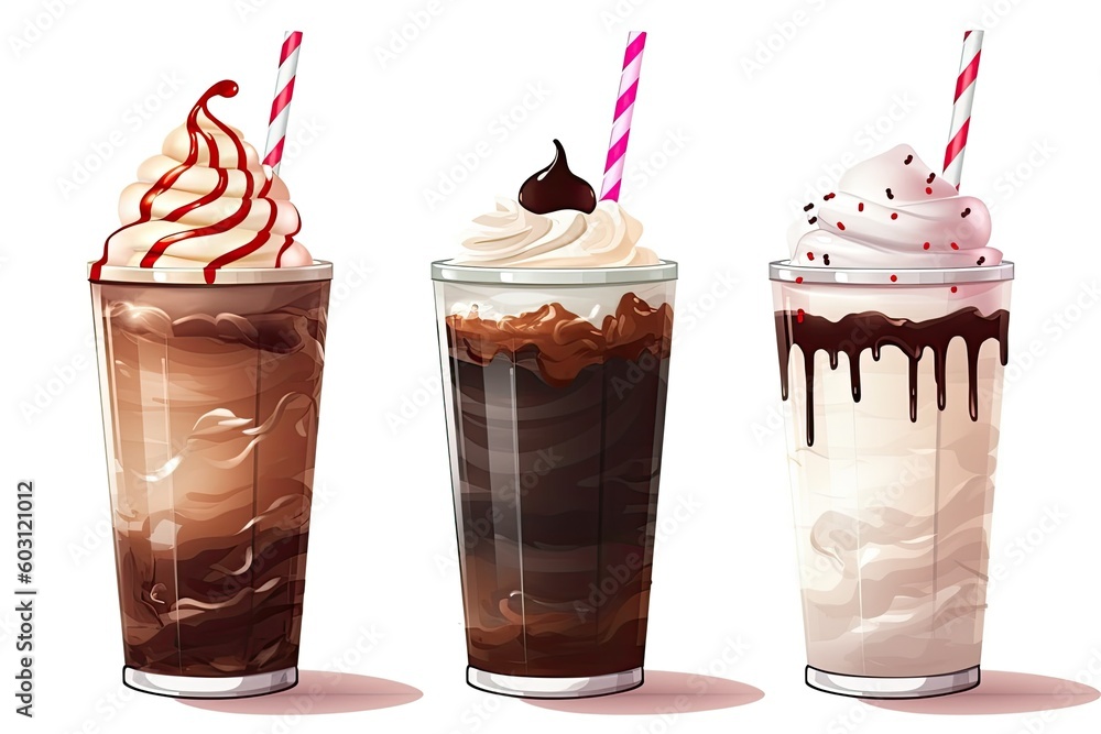 three delicious soda floats with ice cream and chocolate sauce Generative AI