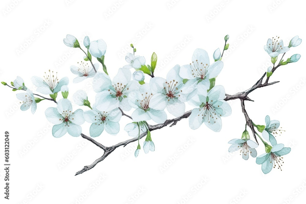 blooming branch with white flowers and green leaves Generative AI