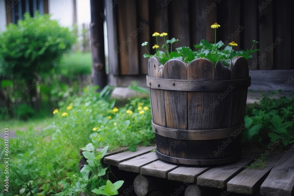 rustic bucket of flowers on a wooden bench Generative AI