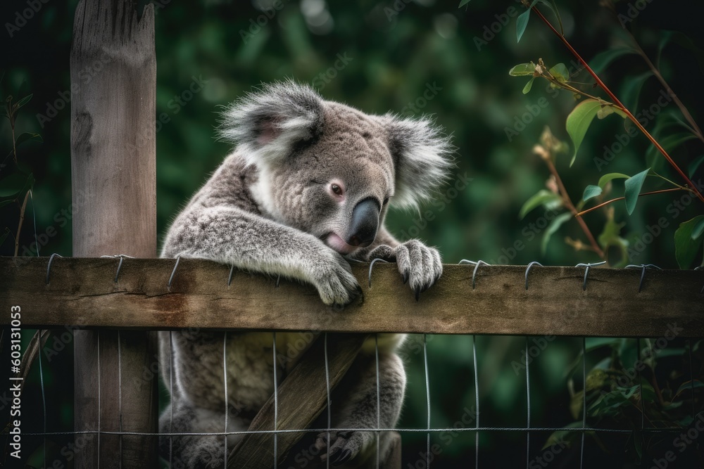 Koala perched on a wooden fence Generative AI