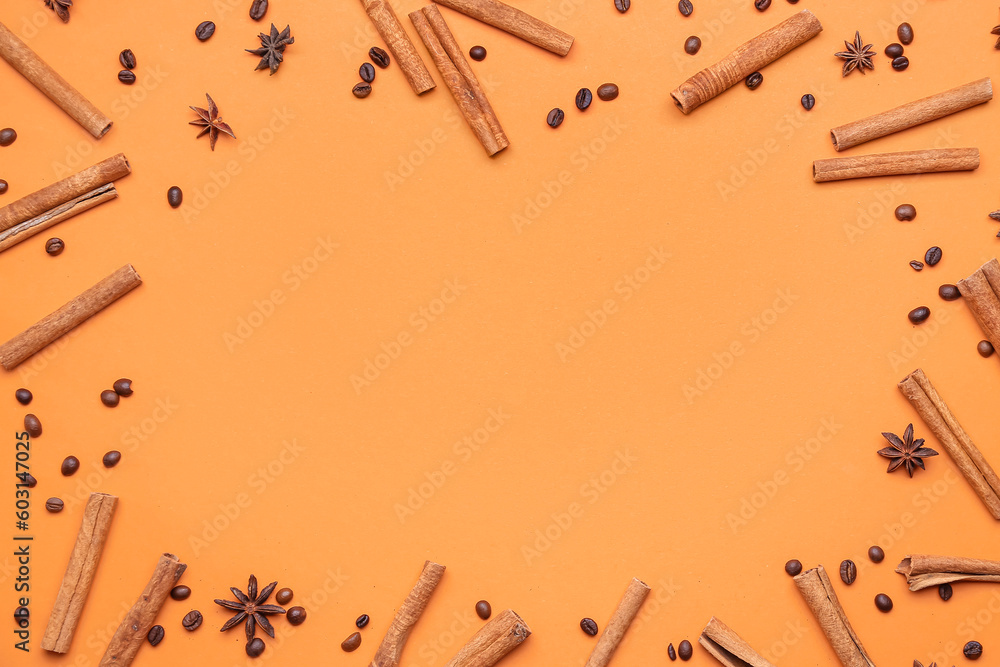 Frame made of cinnamon sticks, anise stars and coffee beans on color background