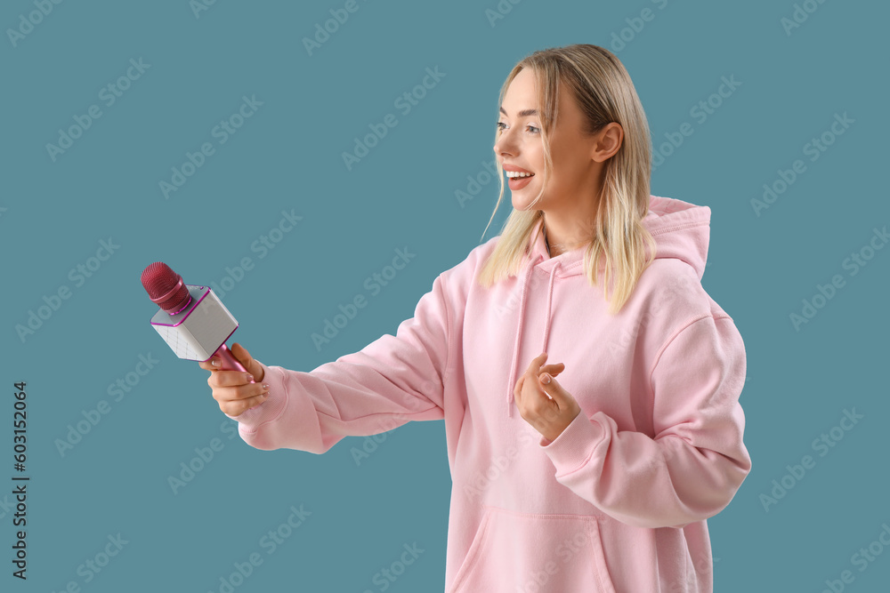 Female journalist with microphone on blue background