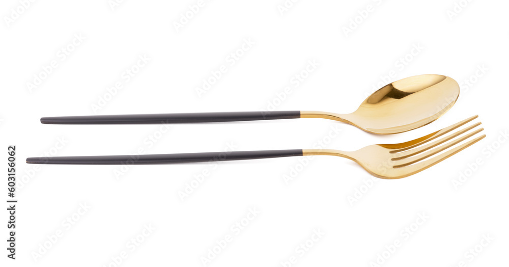 Golden spoon and fork with black handles on white background