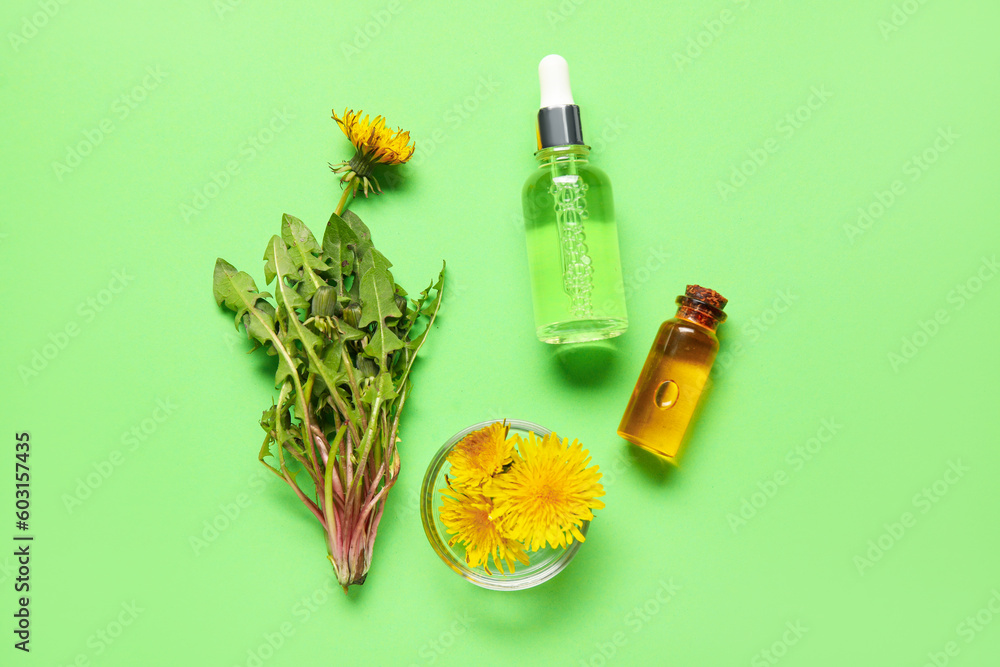 Bottles with cosmetic oil and bowl of dandelion flowers on green background