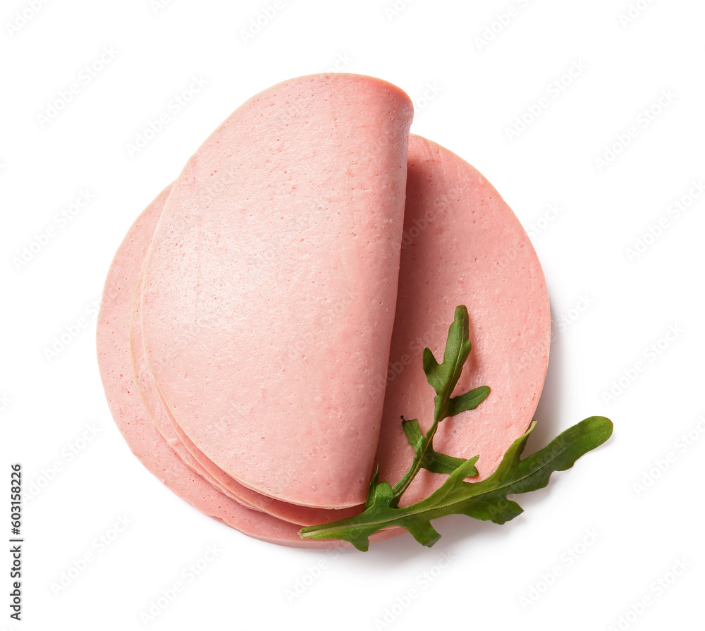 Slices of tasty boiled sausage and arugula on white background