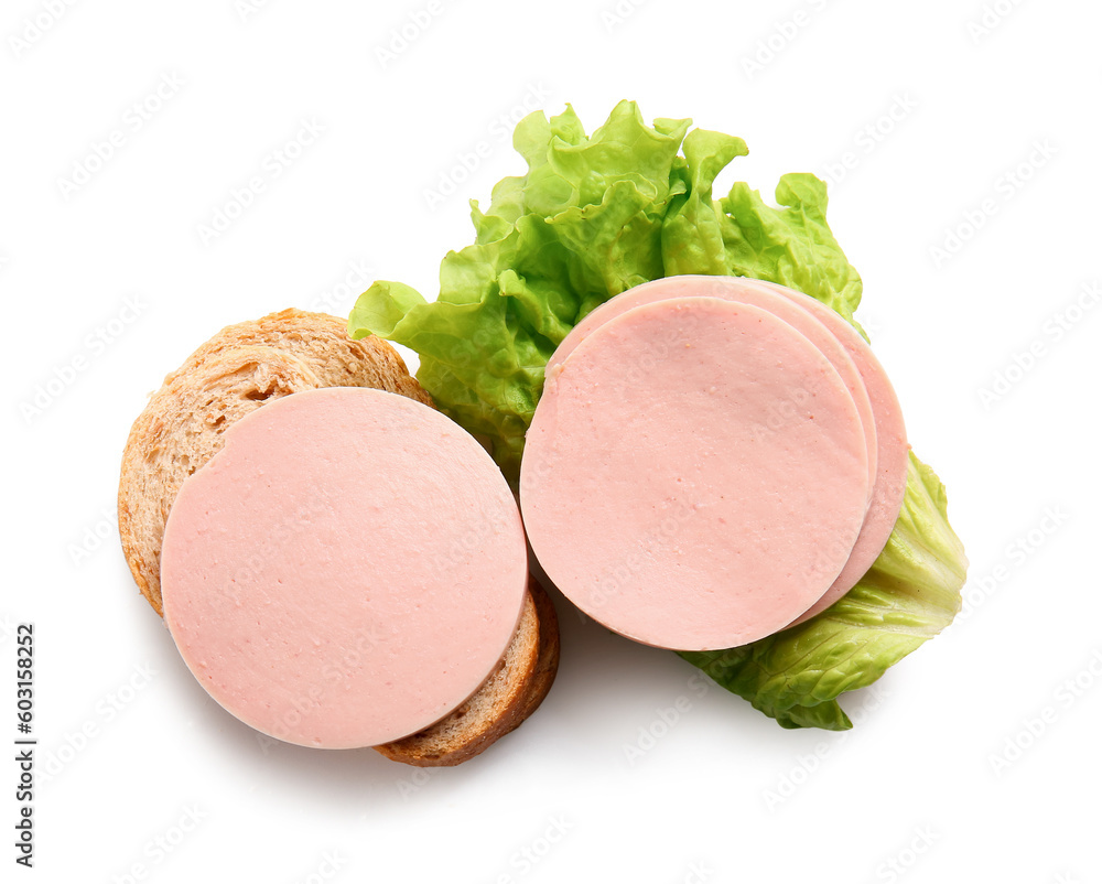 Slices of tasty boiled sausage with lettuce and bread on white background