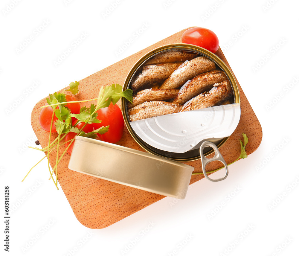 Board of canned smoked sprats with parsley and tomatoes on white background