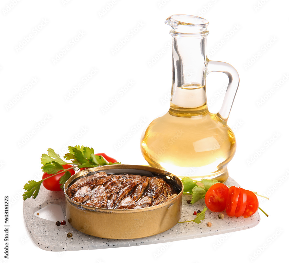 Board of canned smoked sprats with oil and parsley on white background