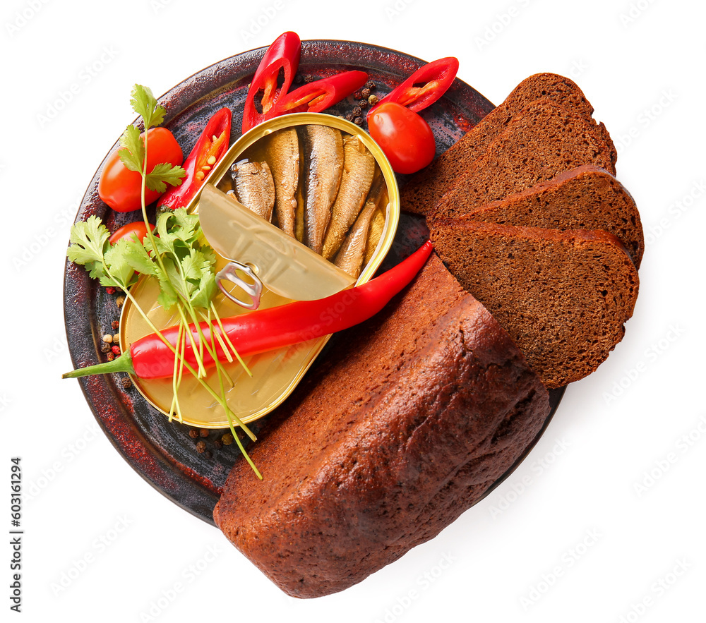 Board of canned smoked sprats with bread and chilli on white background