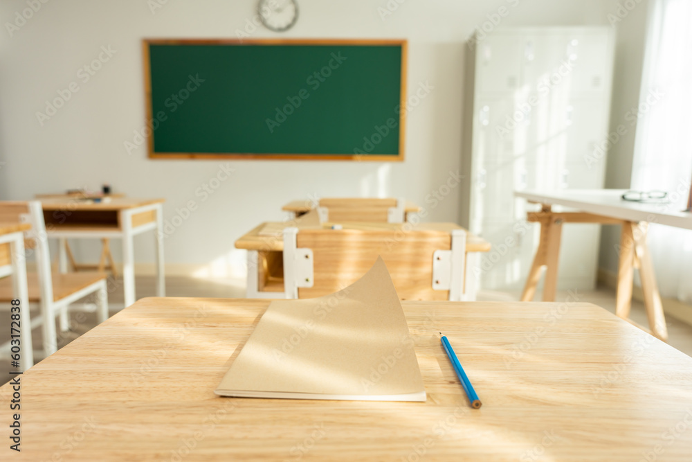 Shot of empty classroom with chairs under desks in elementary school.