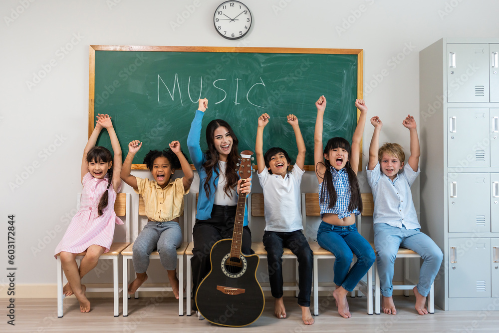 Portrait of diverse children student in classroom at elementary school. 