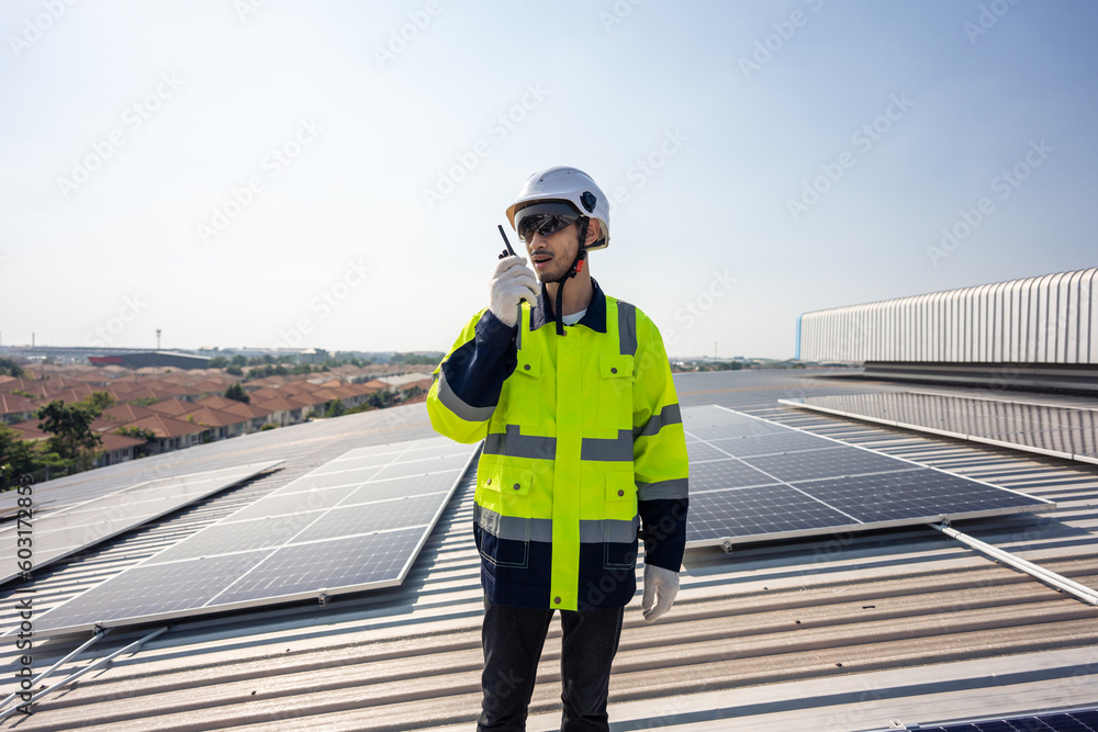 Professional engineer work to maintenance of photovoltaic panel system.