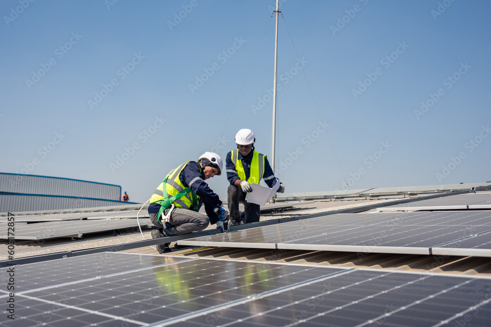 Professional engineer work to maintenance of photovoltaic panel system.