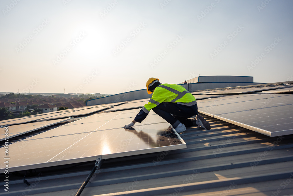 Professional engineer work to maintenance of photovoltaic panel system.