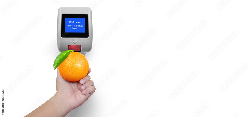 Price scanner with oranges in hand isolated PNG transparent