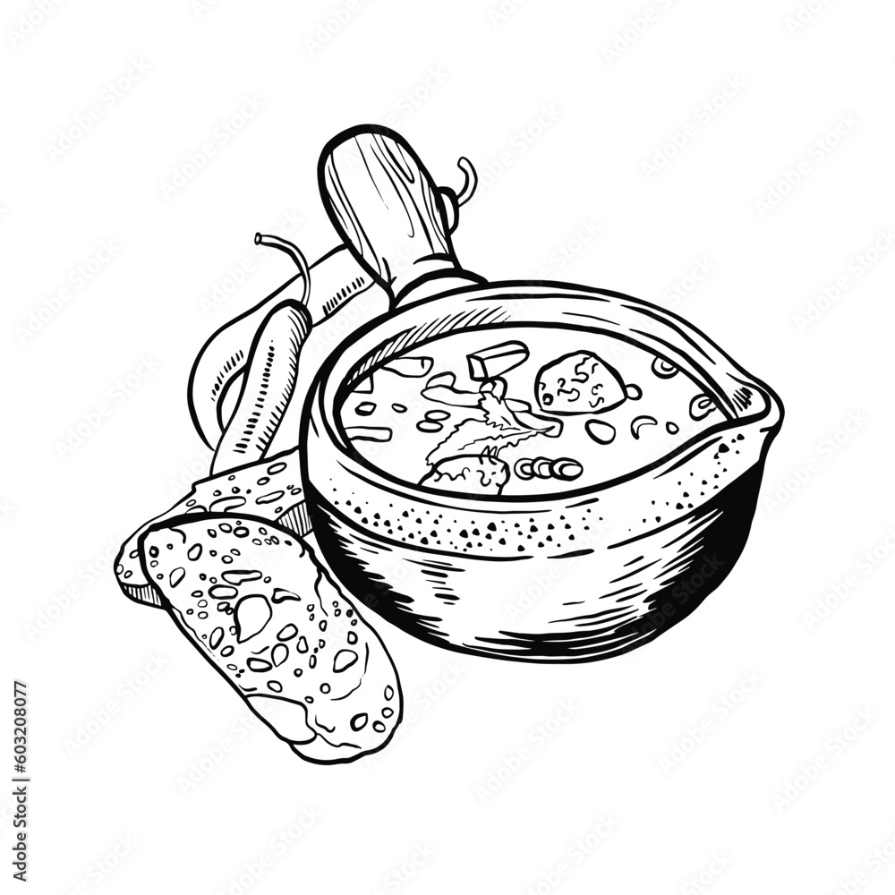 Tasty chili soup in pot on white background