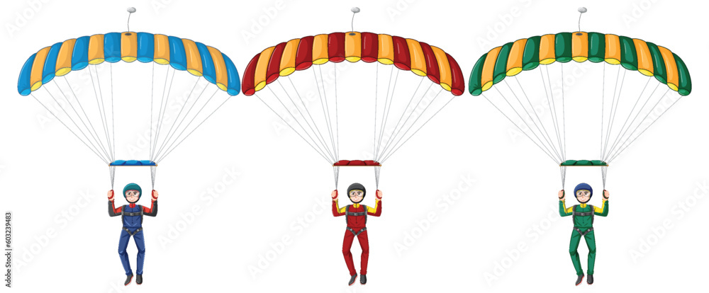 Set of skydiver with parachuting