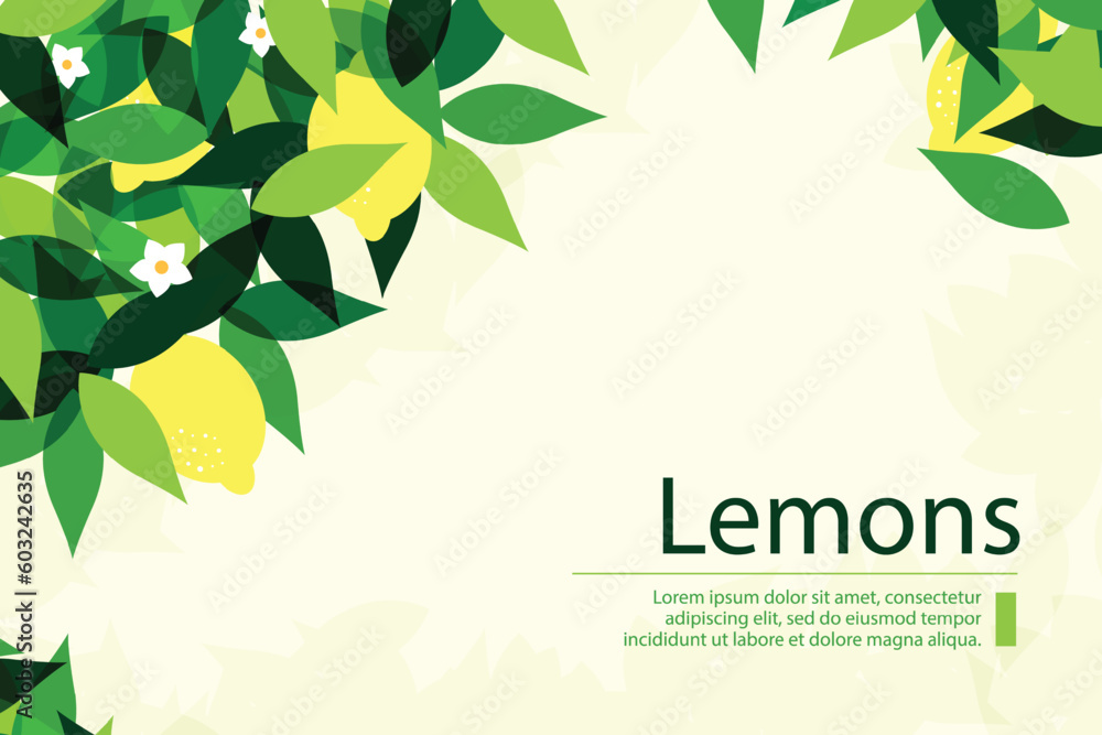 Fresh background with ripe lemons and green leaves. Vector illustration flat design style. 