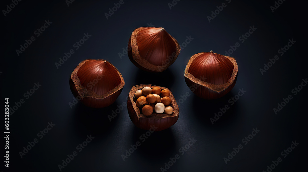 Large group og Hazelnuts on dark backdrop. Food background. Generative AI