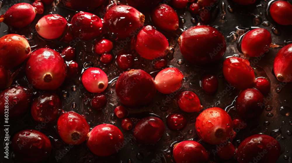 Fresh ripe barberries with water drops background. Berries backdrop. Generative AI