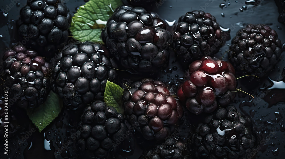 Fresh ripe blackberries with water drops background. Berries backdrop. Generative AI