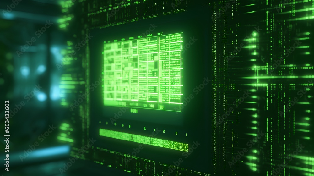 Computer screen illuminated by green abstract computing lights. Modern digital technology, symbolizi