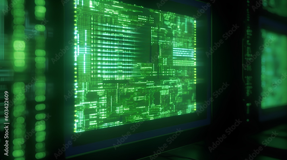 Computer screen illuminated by green abstract computing lights. Modern digital technology, symbolizi