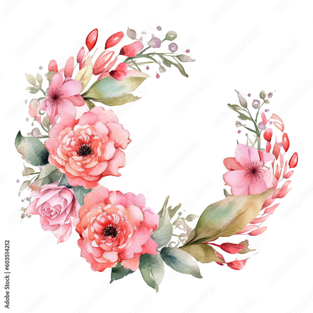 Watercolor floral wreath. Illustration AI Generative