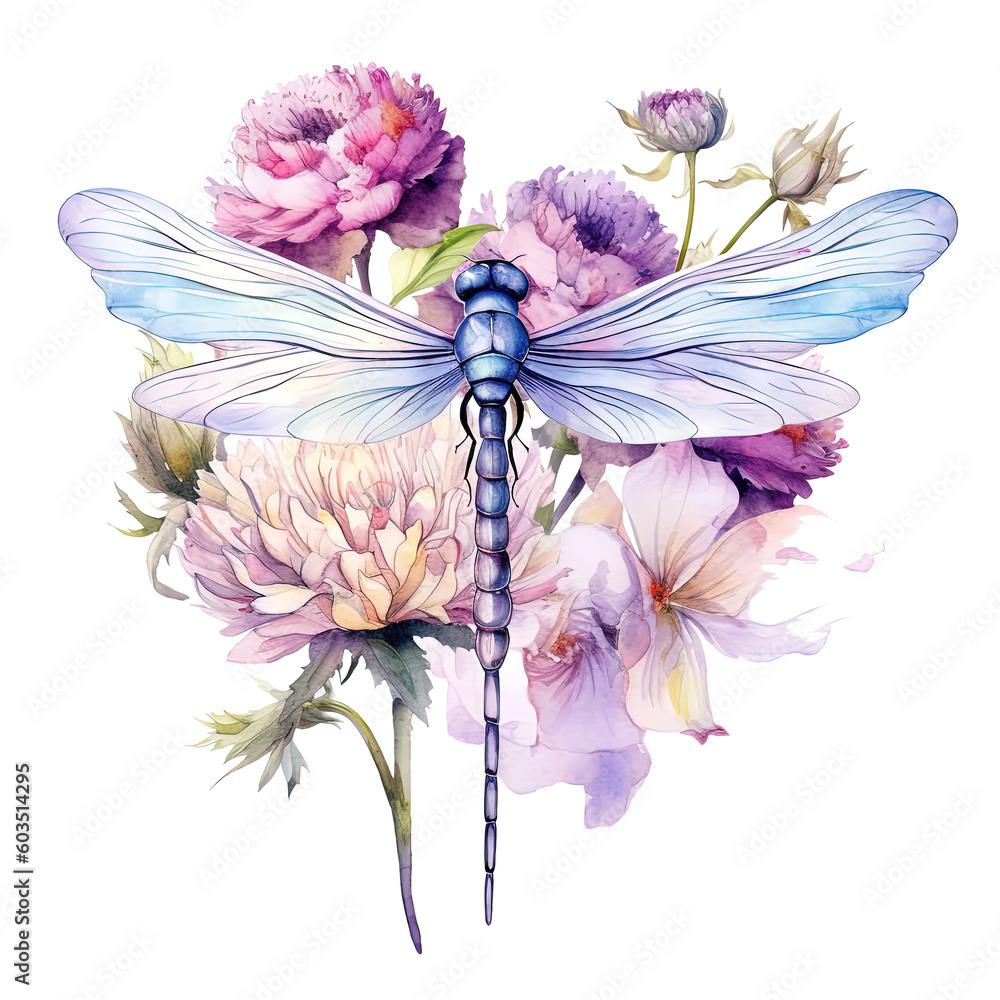 Watercolor dragonfly botanical illustration. Illustration AI Generative.