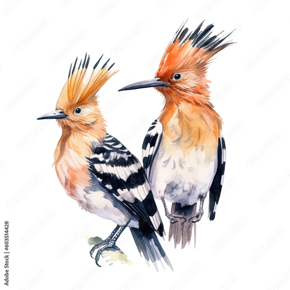 Two hoopoe birds. Illustration AI Generative.