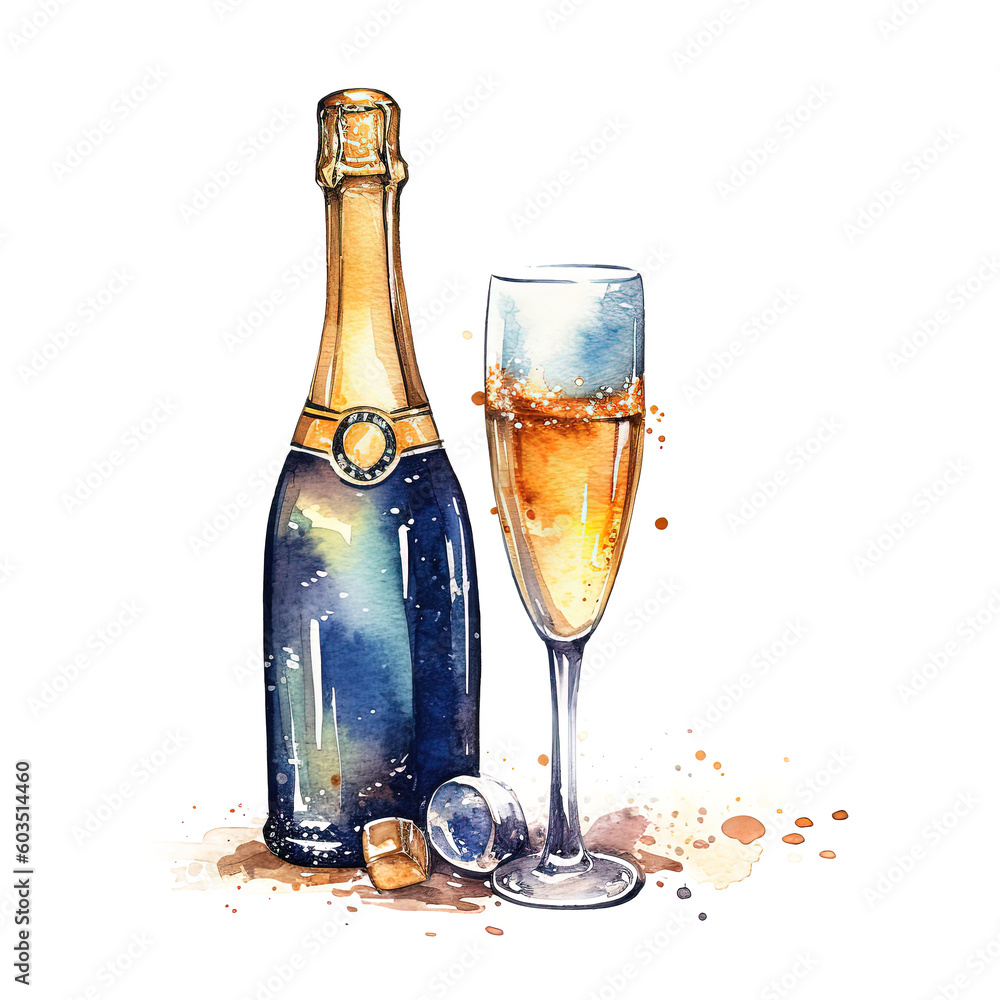 Bursting champagne bottle watercolor. Illustration AI Generative.